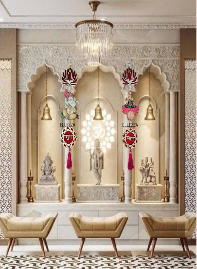 ELLEZZA Shubh Labh Lotus Laxmi Ganesh Wall Hanging, Traditional Door Decoration, 38 cm x 9.9 cm, Red - Image 2